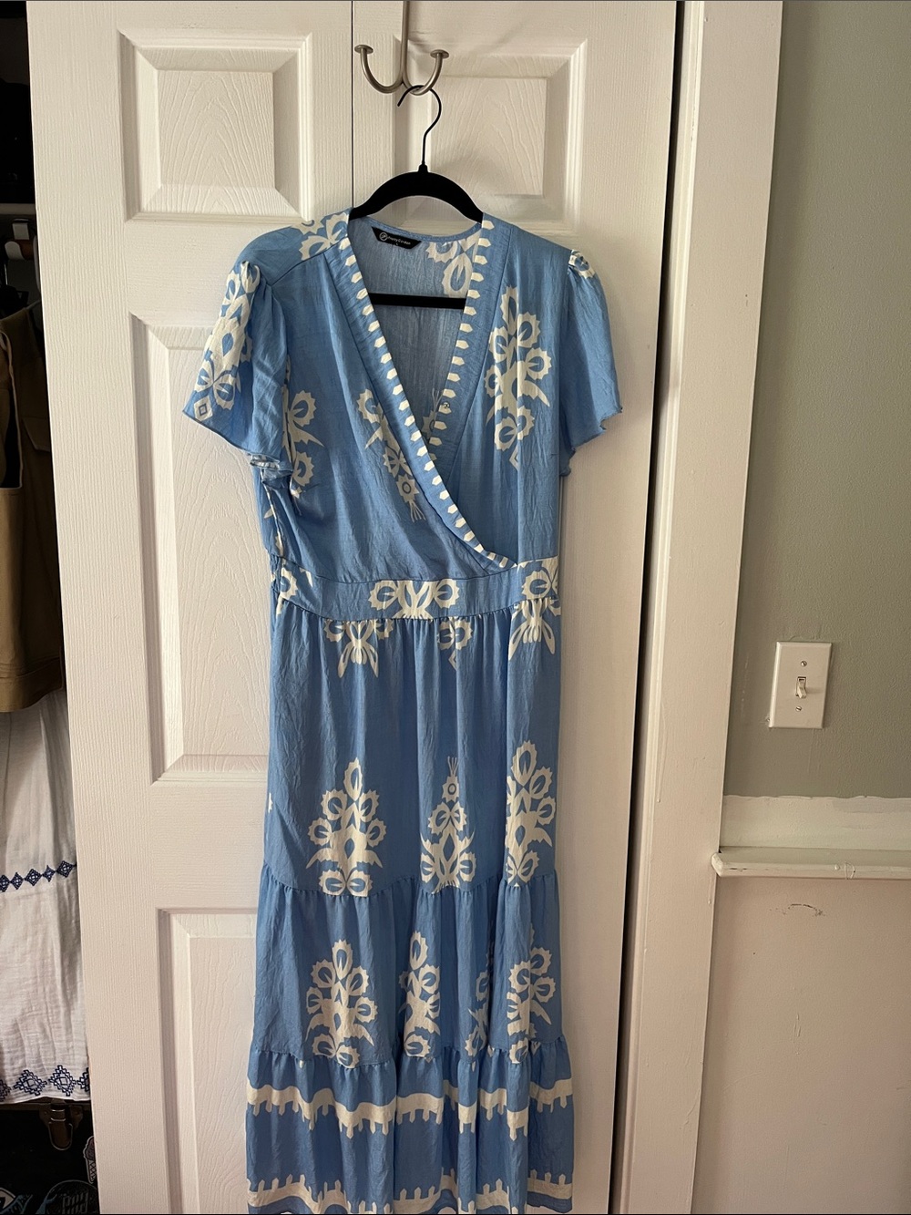 Pretty Garden Blue Embroidered Wrap Maxi Dress